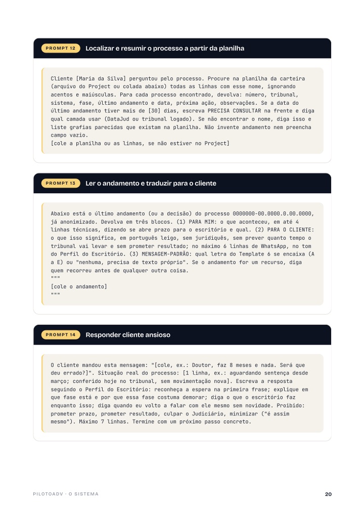Página 20 do guia: prompts 12, 13 e 14, localizar o processo, ler o andamento e responder cliente ansioso
